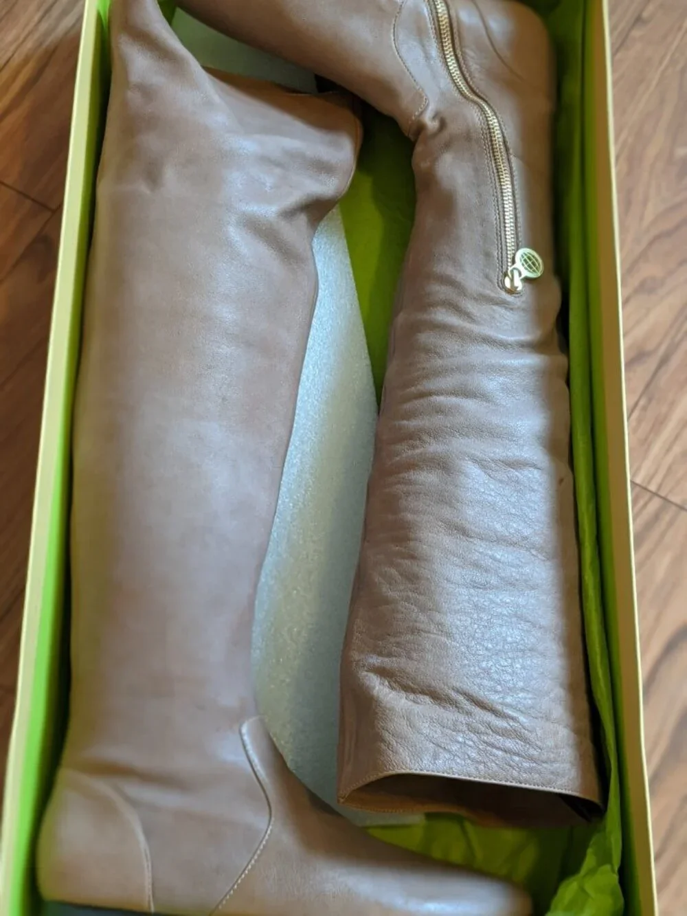 Max Studio Holden Taupe Tan Leather Over The Knee Slouch Boots NIB Size 37 US 7
